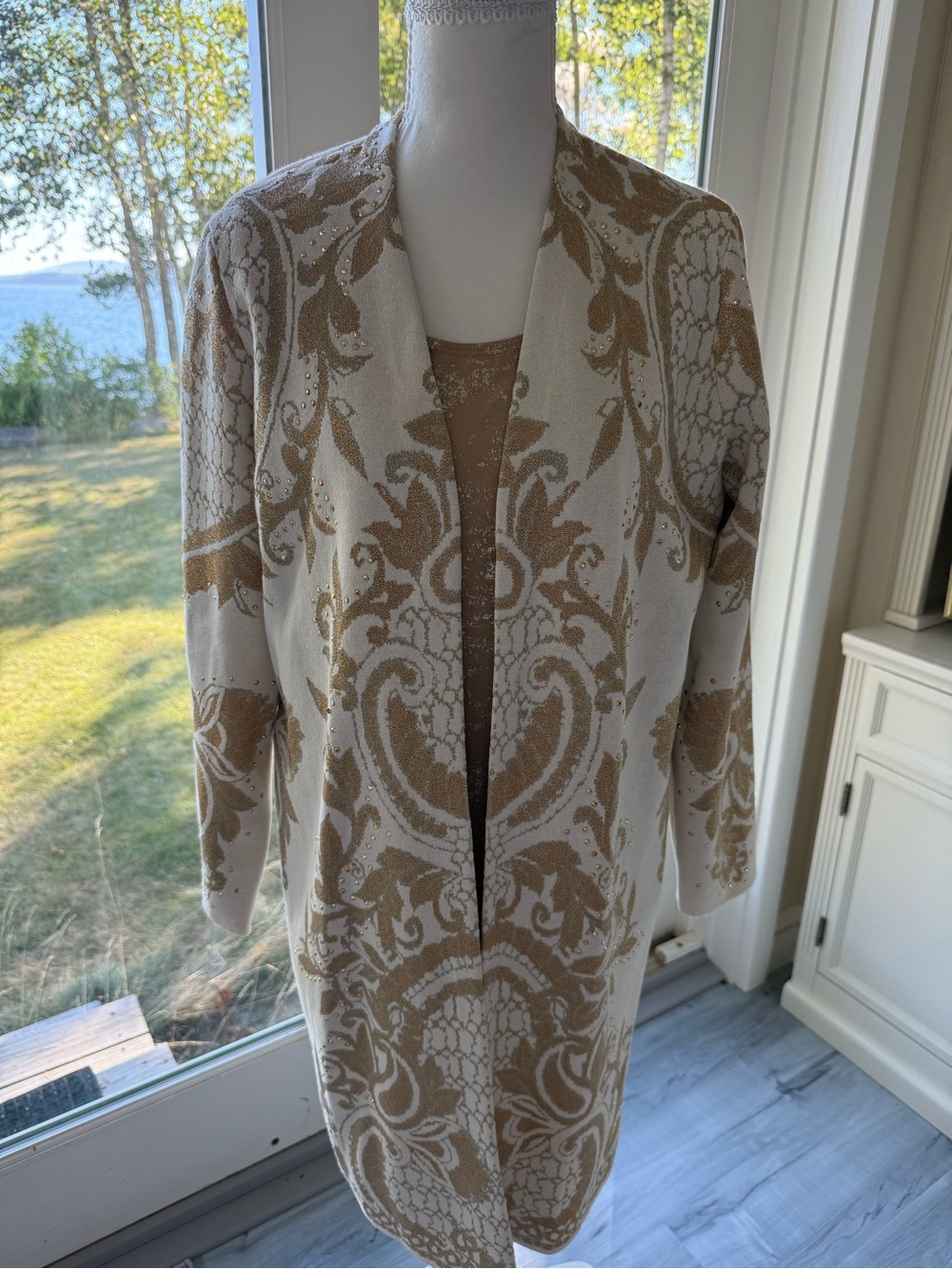 Chico's Embellished Jacquard Cardigan with gold tank top